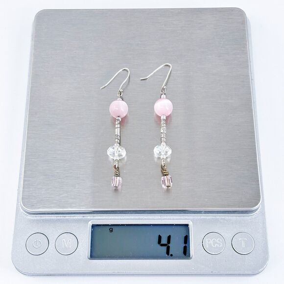 Vintage Silver-Tone Pink Beaded Dangle Earrings - Picture 5 of 5